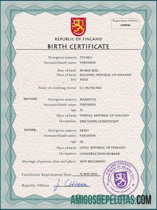 Para baixar modelo PSD de certidão de nascimento de registro vital da Finlândia